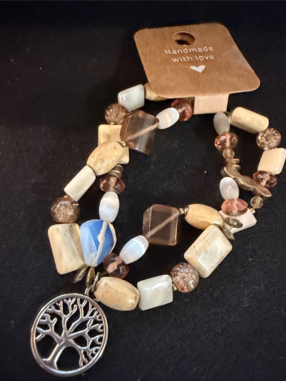 Handmade Tree of Life Beaded Bracelet - Neutral and Blue